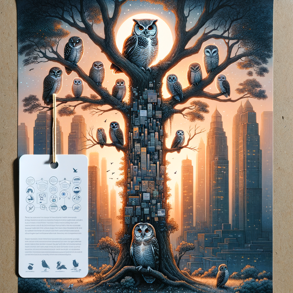 Diverse owls perched on a tree in a city park at dusk, symbolizing urban owl conservation with city buildings in the background, and an infographic detailing owl preservation strategies, highlighting the impact of urbanization on owls and the importance of urban wildlife conservation.