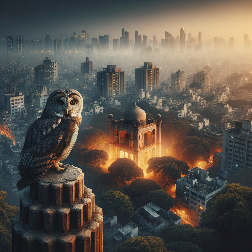 Urban Owl Conservation in action with an owl perched on a city building ledge at dusk, showcasing Concrete Jungle Wildlife and Owl Habitats in Cities for Urban Wildlife Conservation and Saving Owls in Urban Areas.