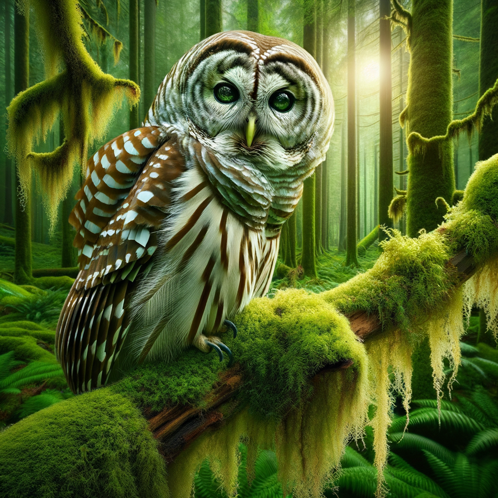 Barred Owl perched on a mossy branch in its forest habitat, showcasing its predatory behavior, hunting habits, and distinctive characteristics as a forest-dwelling predator species.