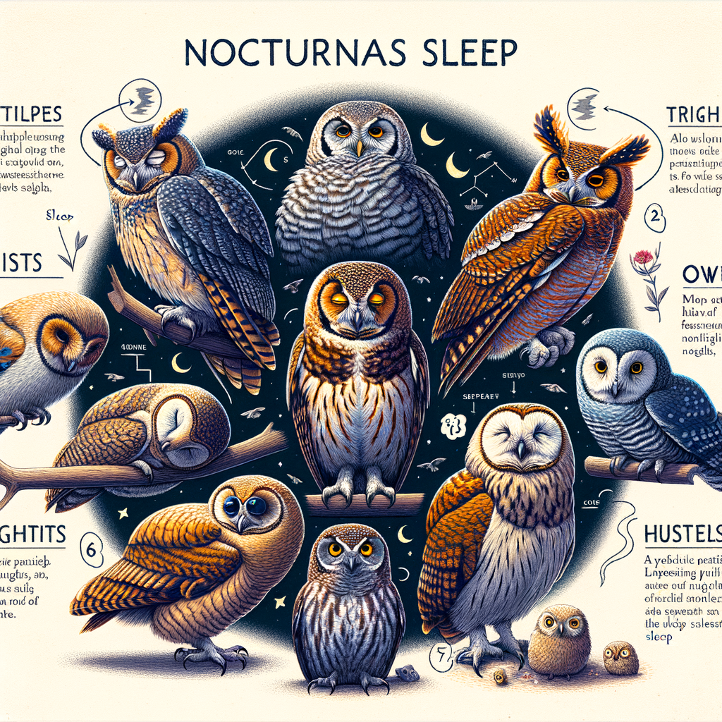 Scholarly illustration of various owl species showcasing their unique sleep habits, unraveling the mysteries of owl rest and providing an understanding of nocturnal birds' sleep patterns.