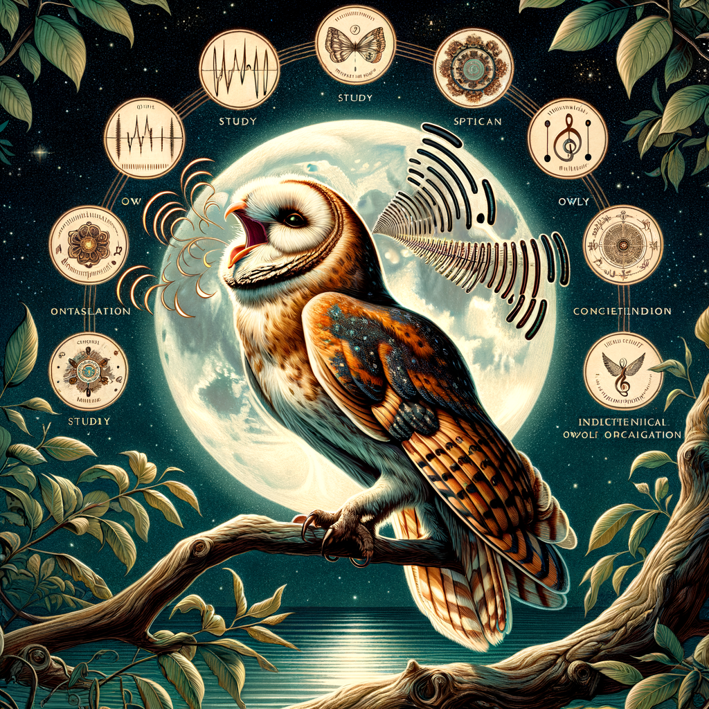 Scholarly owl emitting vocalizations on a moonlit night, surrounded by icons symbolizing the study and interpretation of enigmatic owl calls, understanding owl communication, and decoding owl call meanings.