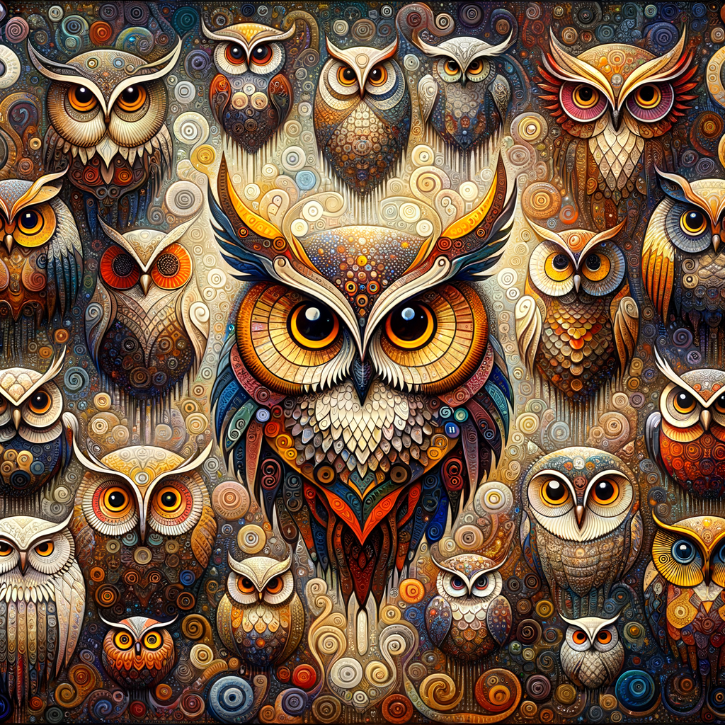 Artistic representation of owl symbolism meaning, featuring owl design elements, owl imagery in art, and owl iconography in a symbolic owl-themed art piece.