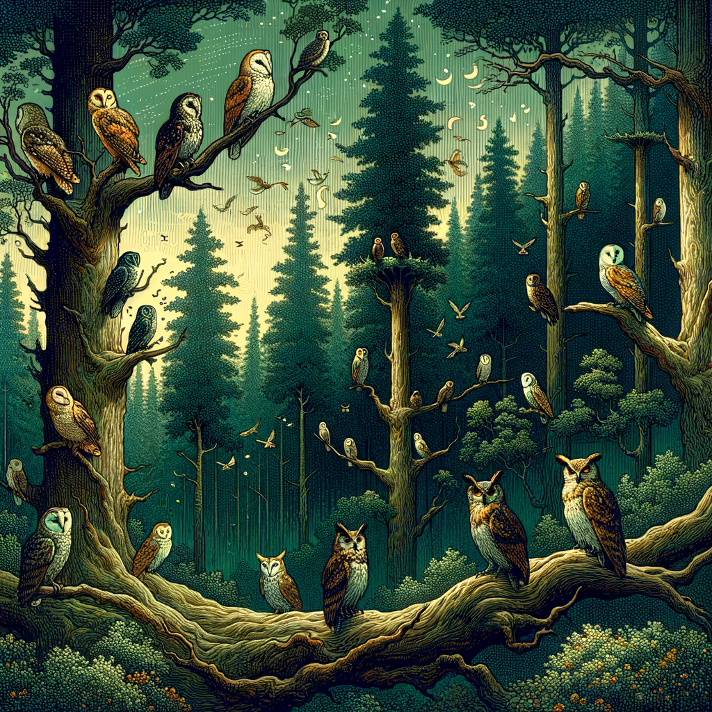 Owls communicating through various sounds and calls in a dense forest at night, illustrating the interpretation of owl vocalizations and the mystery of owl song meanings for understanding nature's songs.