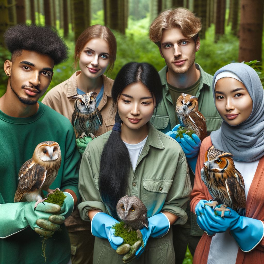 Youth involvement in Owl Conservation Programs, actively participating in Owl Preservation Youth Programs under expert guidance in a lush forest, embodying the spirit of Next Generation Conservation Efforts.