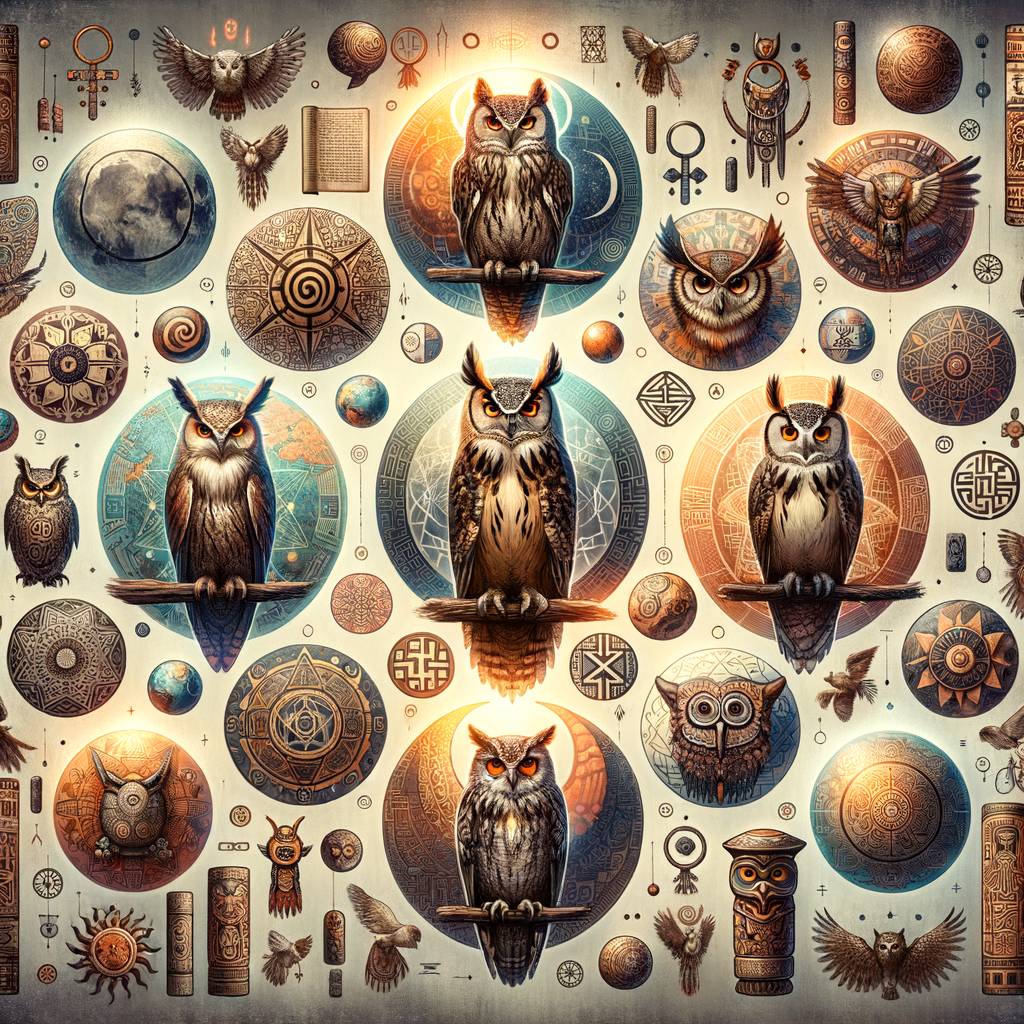 Variety of owls with cultural symbols depicting owl mythology in ancient cultures, owl myths and legends, and owl spiritual meaning, illustrating global owl mythology and cultural significance of owls in worldwide folklore.