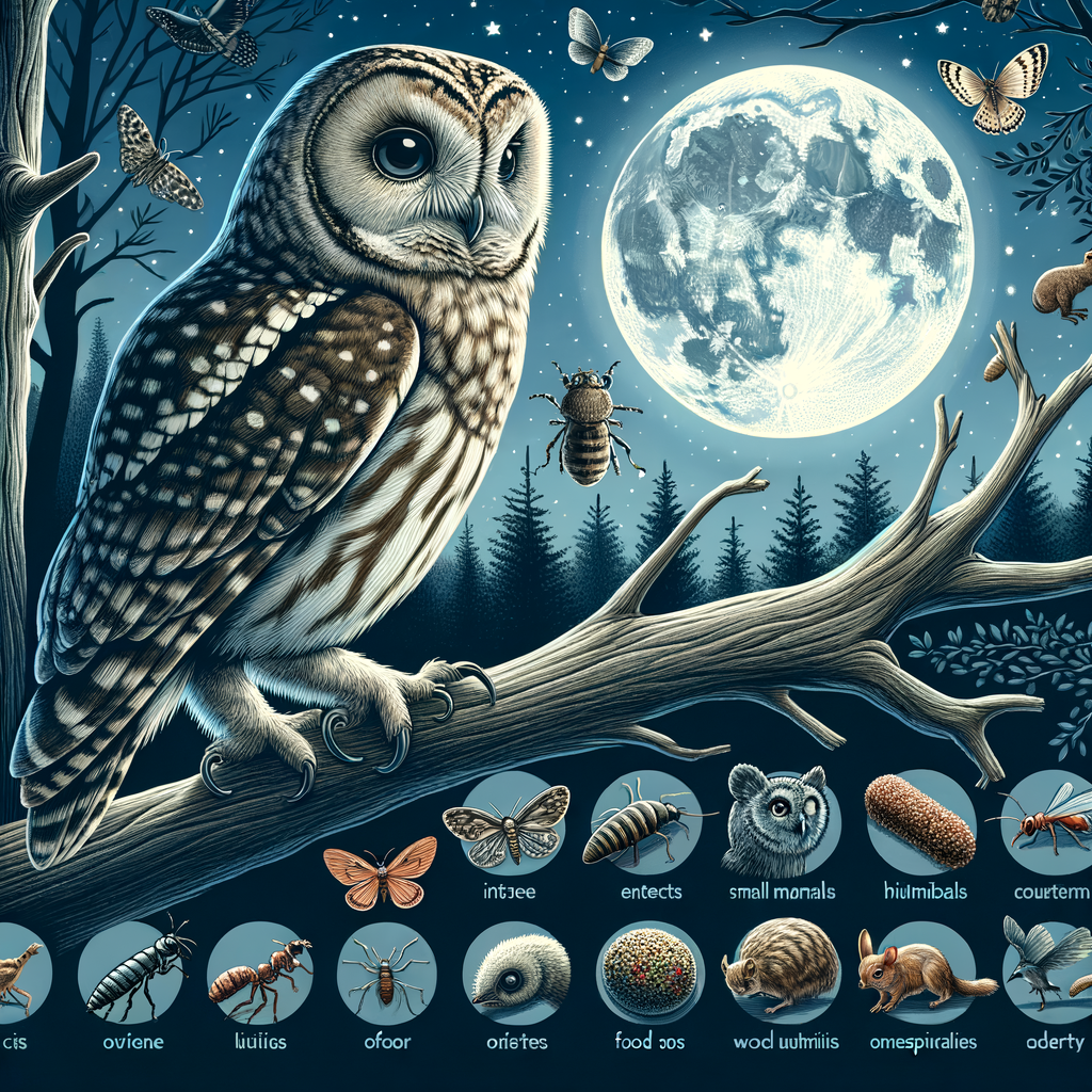 Night owl perched on a branch under moonlight, illustrating avian nutrition and night owl's diet including insects, small mammals, and birds, highlighting bird feeding habits and owl's food preferences for nocturnal birds nutrition.