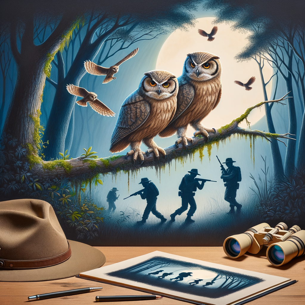 Endangered owls perched on a branch under moonlight, symbolizing the threat of owl poaching and the importance of wildlife conservation, anti-poaching measures, and owl protection laws in combating illegal owl trade.