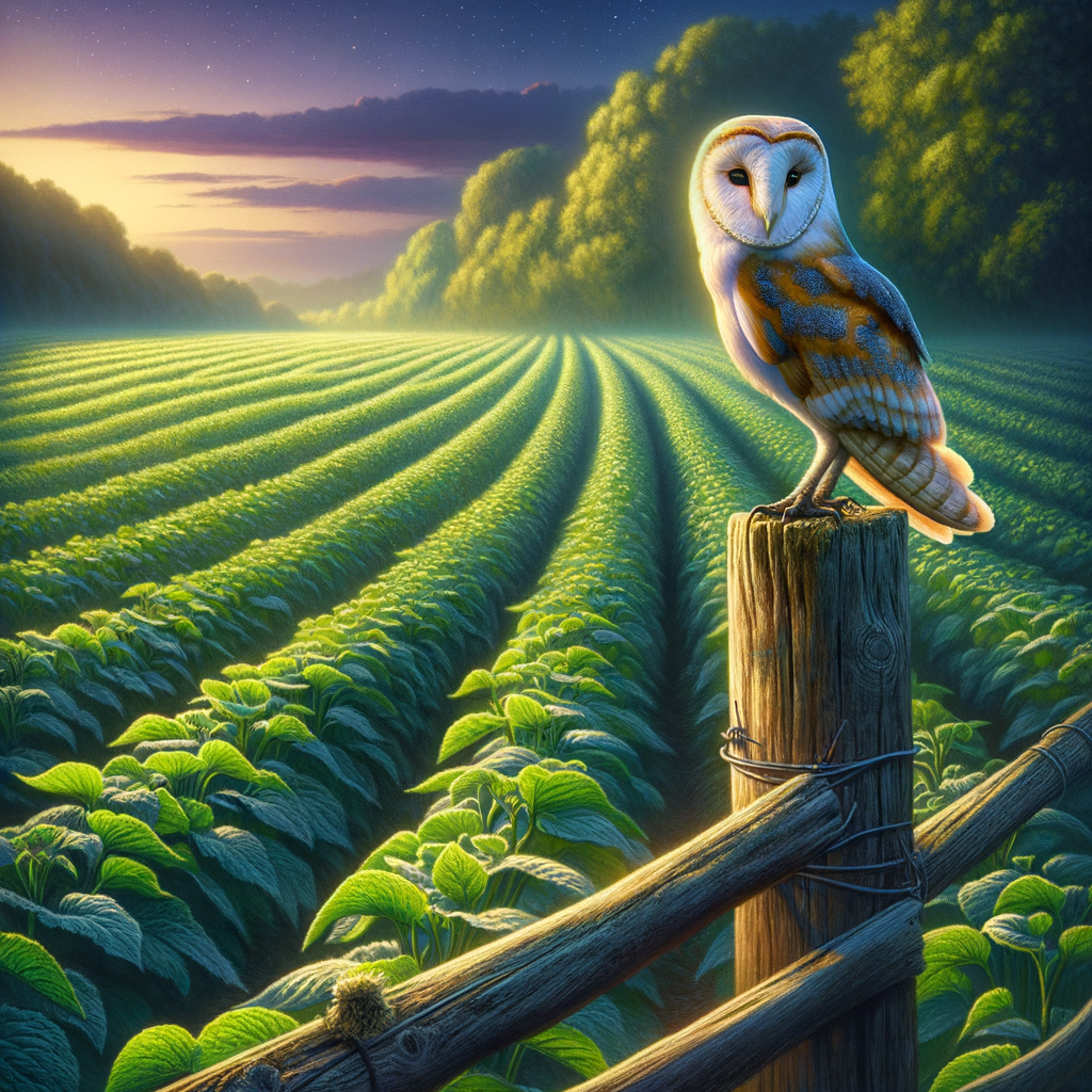 Barn owl perched on fence post at dusk, symbolizing the role of owls in agriculture and natural pest control for sustainable, nature-friendly farming methods.