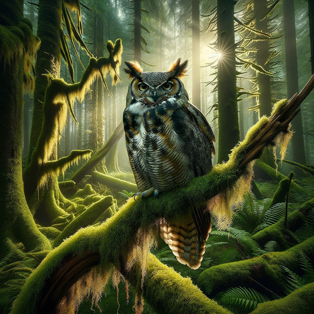 Powerful Horned Owl, the iconic forest ruler, perched in its natural habitat showcasing its distinctive characteristics and dominance among forest predators.