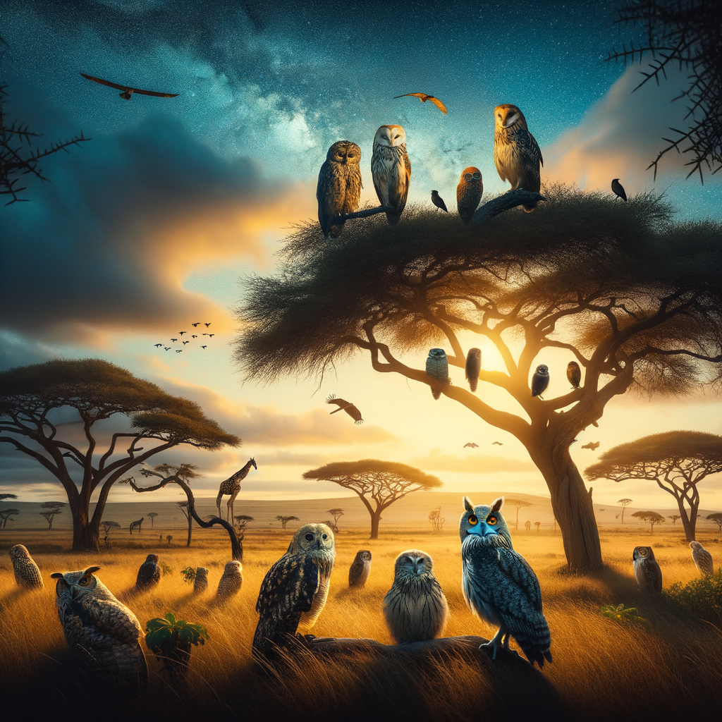 African Savanna Owls as nocturnal predators, showcasing diverse owl species in Africa engaging in unique nighttime habits, highlighting their role in the African ecosystem and the diversity of nocturnal birds in Africa's nighttime wildlife.