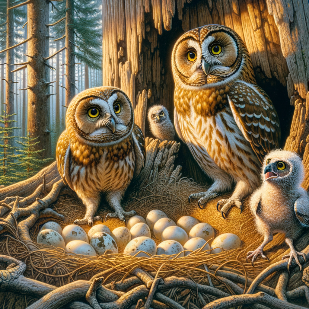 Owl parenting in action, showcasing nesting owls guarding eggs and fledgling owl preparing for first flight, providing insight into owl behavior and rearing.