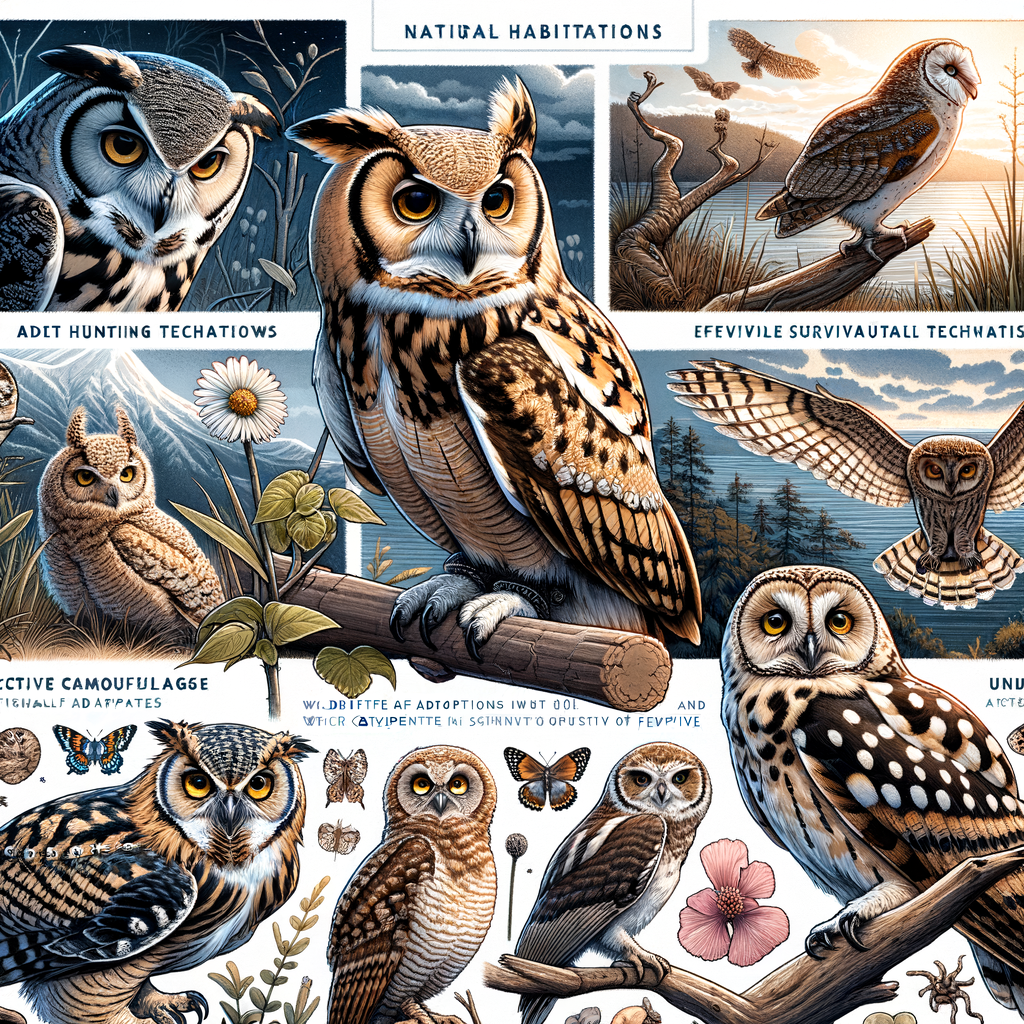 Owl species demonstrating survival strategies and adaptations in the wild, including hunting techniques, camouflage, and nocturnal activity, highlighting the unique behaviors and natural adaptations of owls for survival.