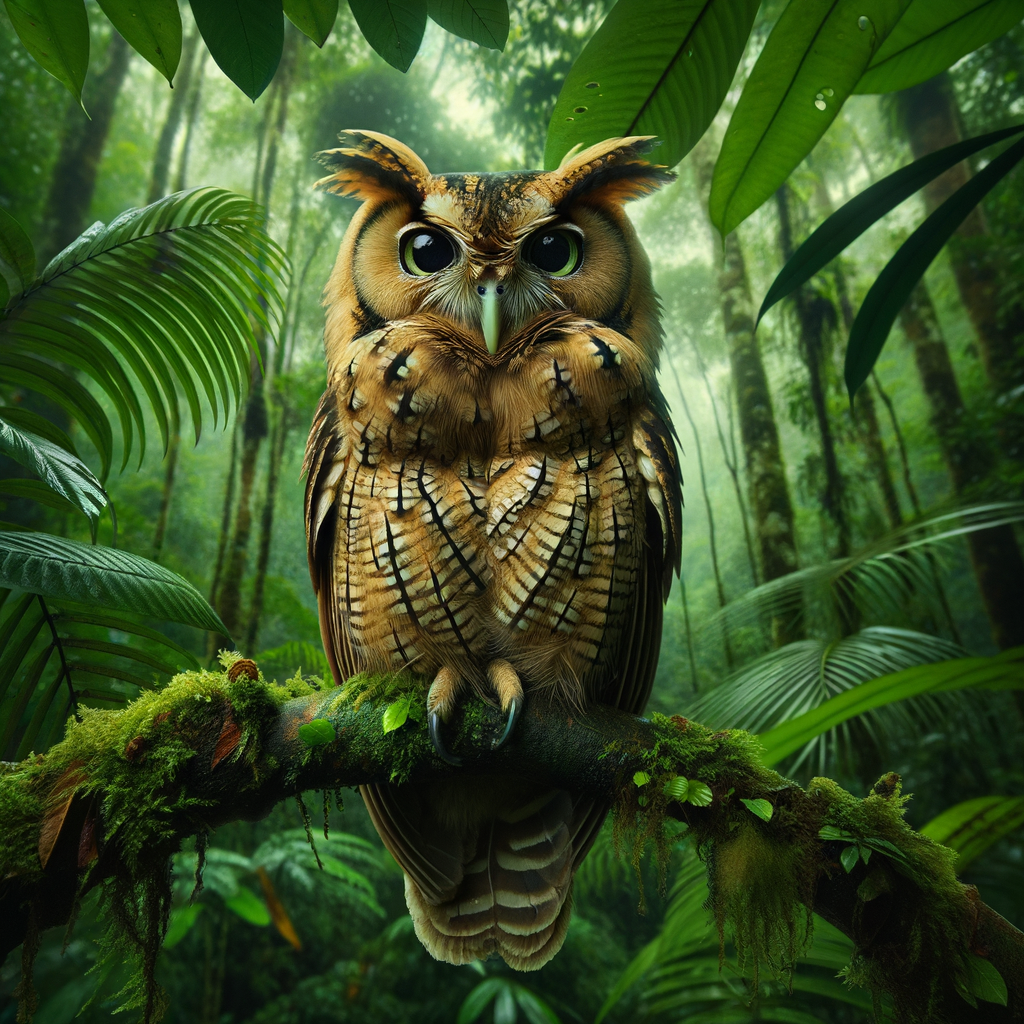 Majestic Rainforest Owl, a Biodiversity Guardian, perched on a tree, symbolizing the importance of Owl Conservation for maintaining Ecosystem Balance and Owl Biodiversity among Rainforest Wildlife including various Owl Species and Rainforest Birds.