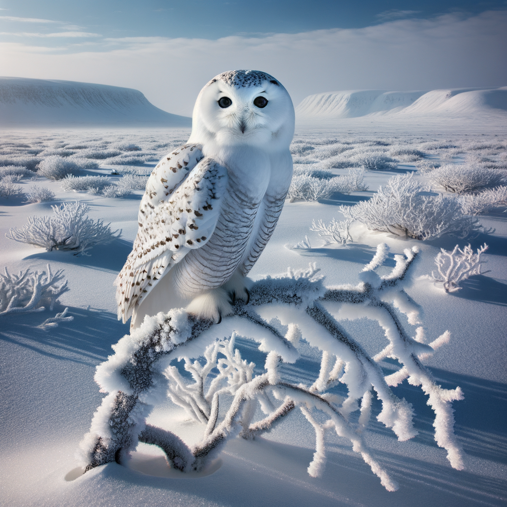 Majestic Arctic owl, a unique owl species in the Arctic, perched on a frosty branch in the tundra, showcasing the resilience of tundra wildlife and the beauty of the Arctic habitat.