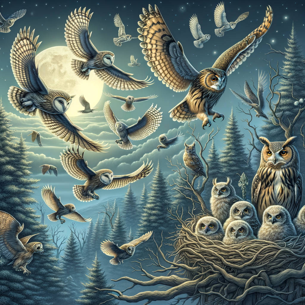 Nocturnal owls showcasing silent wings, diverse owl species behavior in their nighttime habitats, demonstrating unique owl hunting techniques and adaptations as efficient night predators, with hints to the owl life cycle and mysterious owl sounds at night.