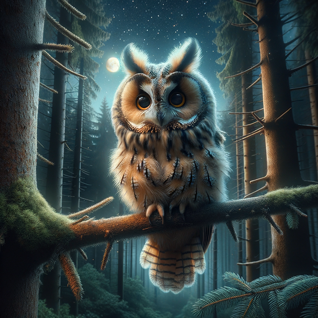 Whimsical long-eared owl, a unique owl species among forest owls, exhibiting nocturnal bird behavior as a night dweller in its natural owl habitat within a night forest.