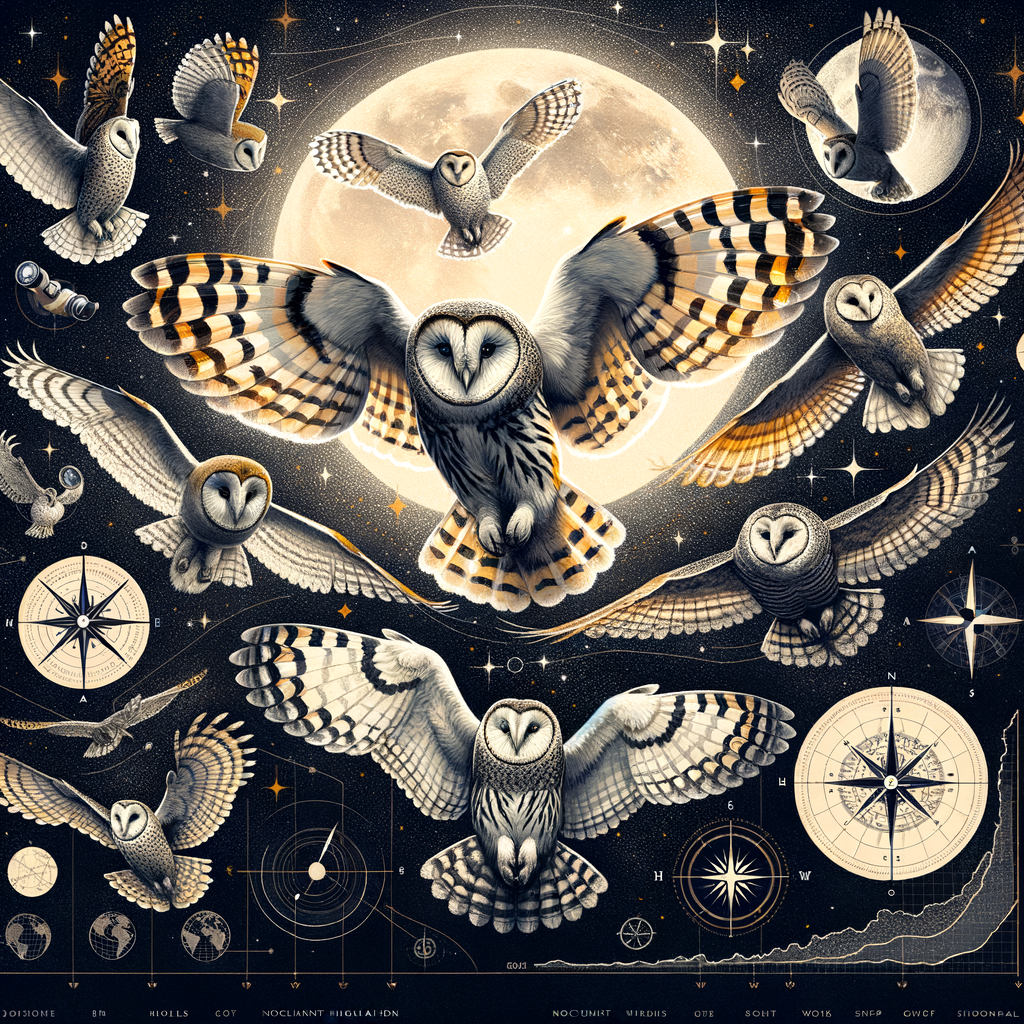 Scientific illustration of various owl species migrating at night, symbolizing owl travel patterns and nocturnal bird migration, highlighting the study of owl migration and understanding owl behavior.