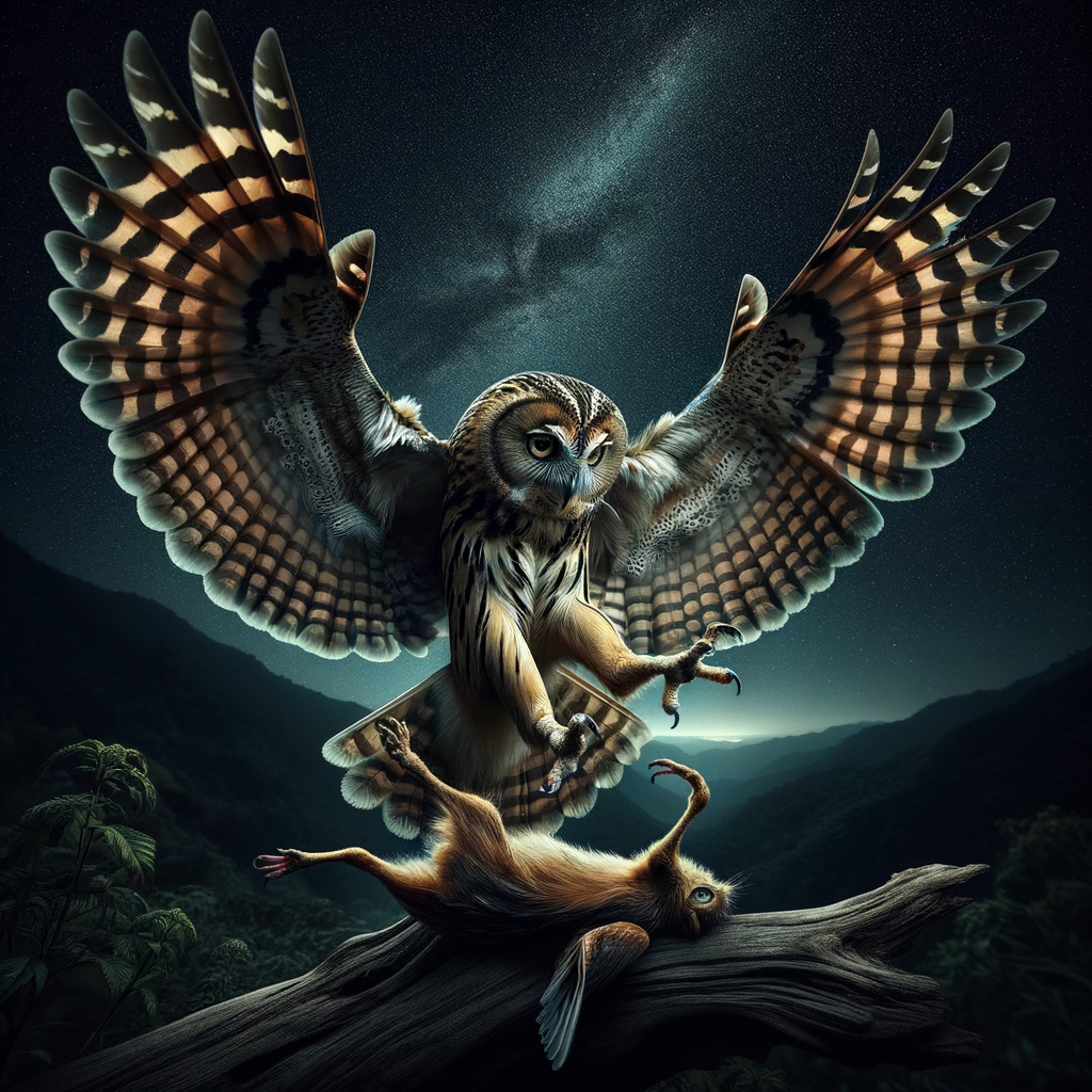 Owl demonstrating nocturnal hunting techniques, swooping on prey, showcasing predatory behavior and hunting strategies of owls for night-time hunting.
