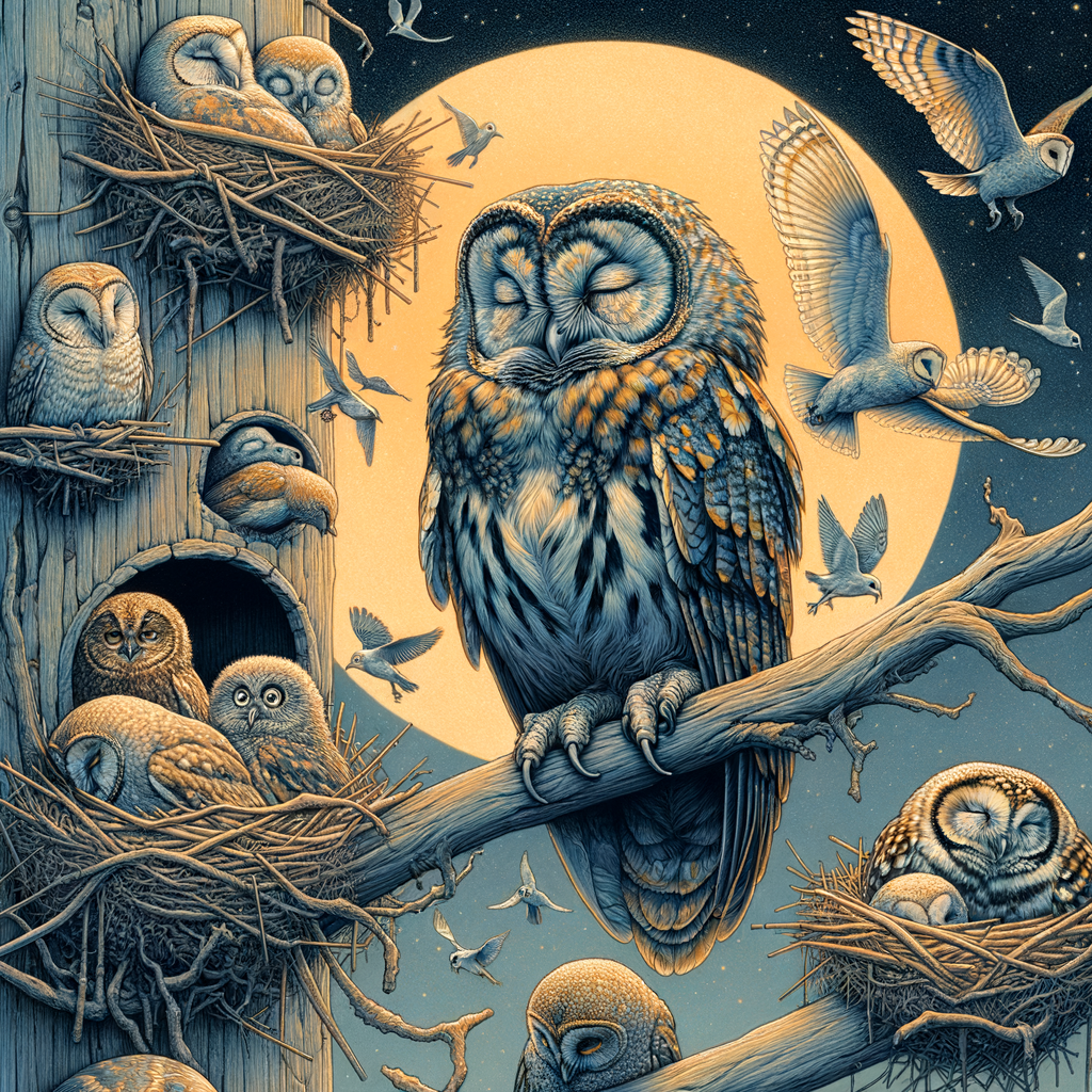Scientific illustration of various owl species showcasing nocturnal roosting habits, owl resting rituals, and unique behavior patterns to understand owl roosting characteristics and sleep patterns.