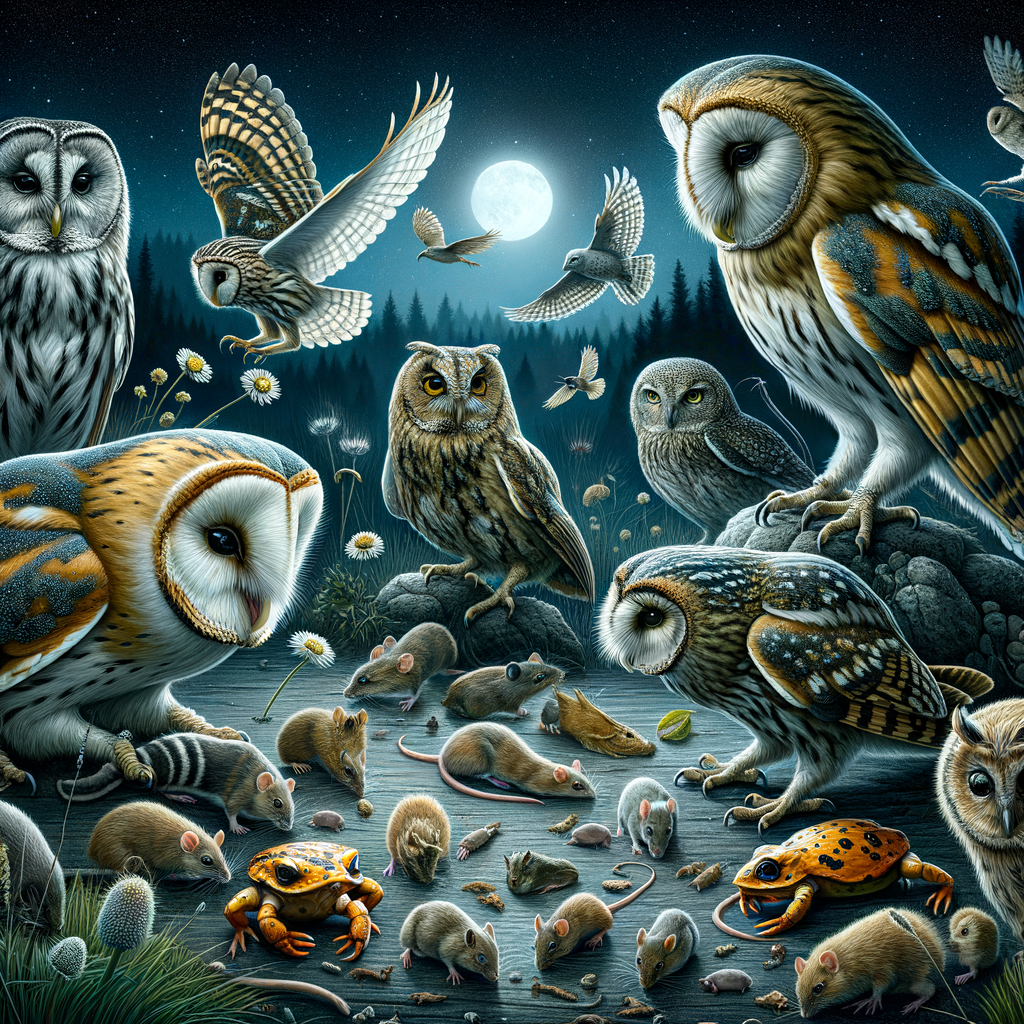 Owls demonstrating night hunting techniques, showcasing insight into owl behavior, predation habits, and diverse diet with various types of prey hunted by owls.