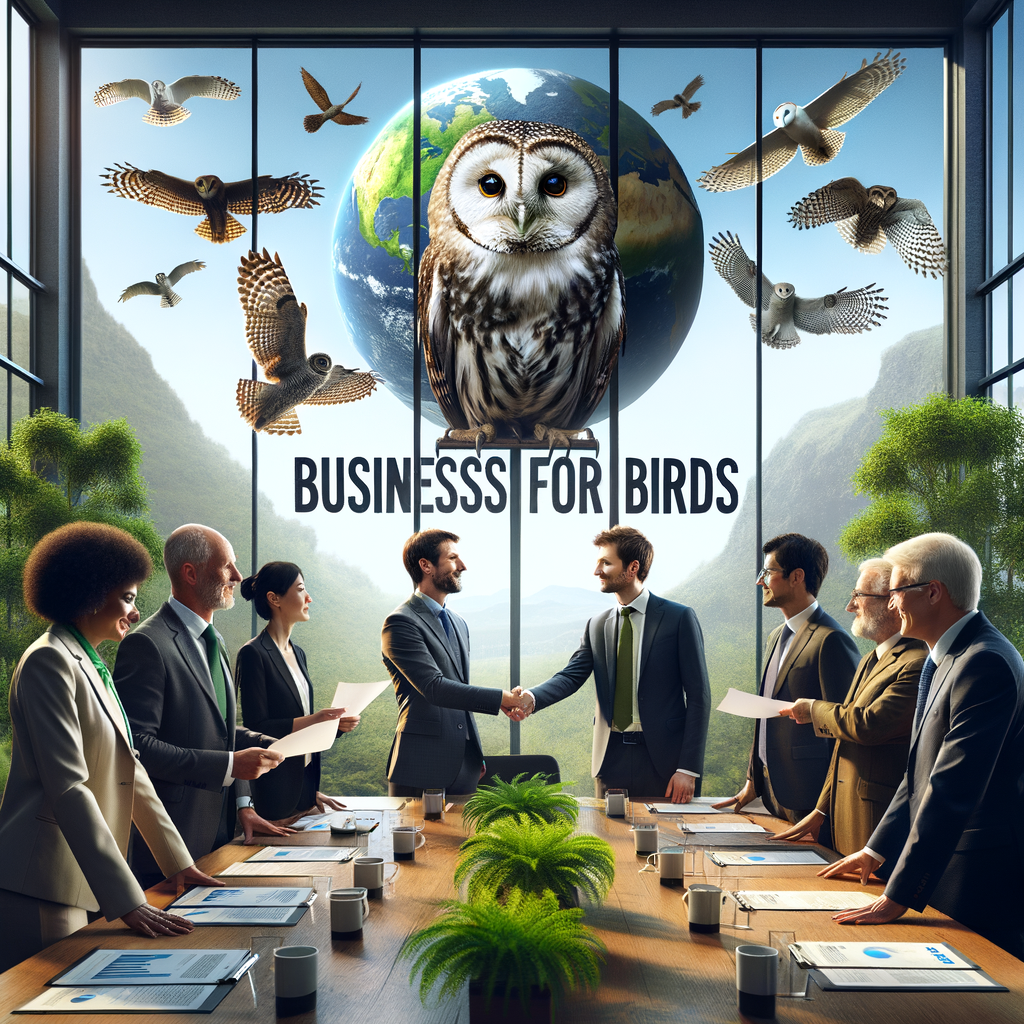 Corporate leaders shaking hands at a Businesses for Birds meeting, showcasing corporate partnerships in owl conservation and environmental responsibility, with owl images, a globe and green plants symbolizing business role in wildlife conservation.