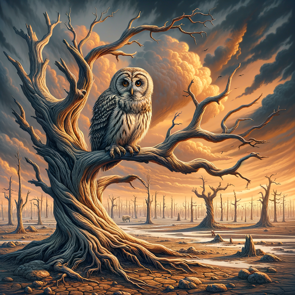 Owl perched on a withered tree, symbolizing the harsh impact of climate change on owl habitats, highlighting global warming effects on bird species and the urgent need for owl habitat conservation.
