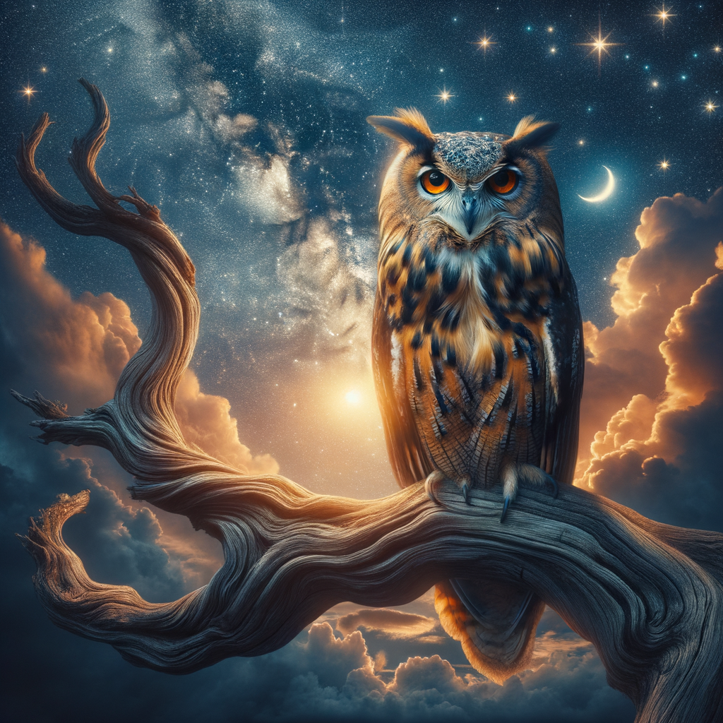 Majestic owl symbolizing owl wisdom and lessons from nature, perched on a branch under a starlit sky, reflecting nature's teachings and the wisdom inherent in nature.