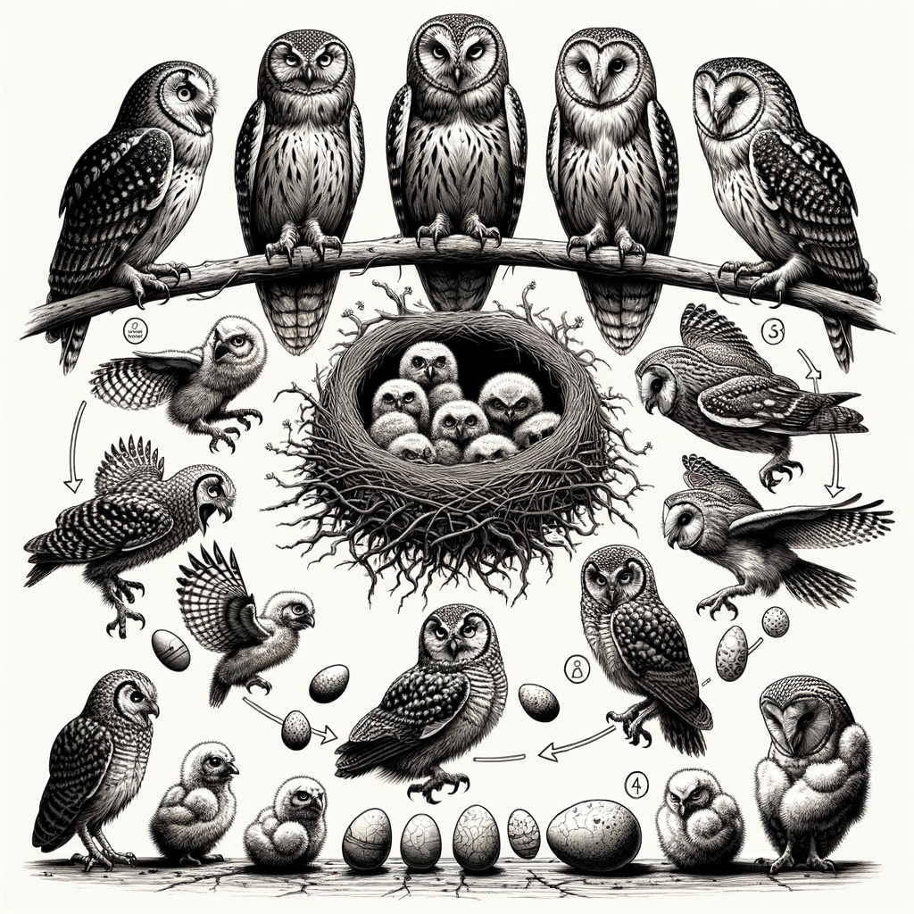 Illustration of owl nesting behavior, showcasing owl family life, breeding patterns, parenting habits, bird nesting habits, and the owl life cycle for a deeper understanding of owl behavior and study of owl nesting.