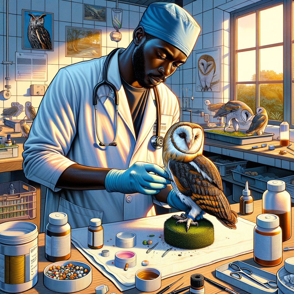 Wildlife professional at an owl rehabilitation center providing treatment for an injured owl as part of a rescue program, preparing for its release back into the wild.