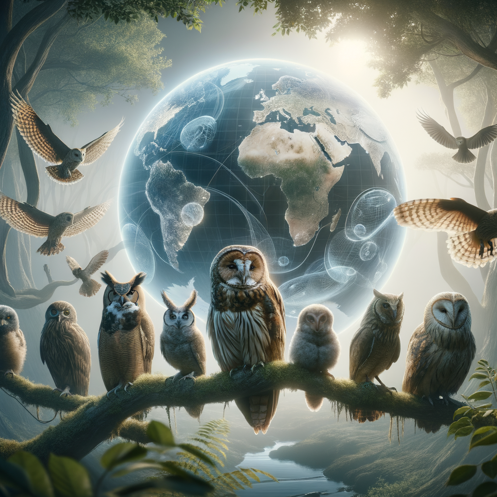 Endangered owls perched on tree branches against a globe backdrop, symbolizing worldwide conservation efforts and the urgency of protecting these threatened owl species through global owl protection programs.
