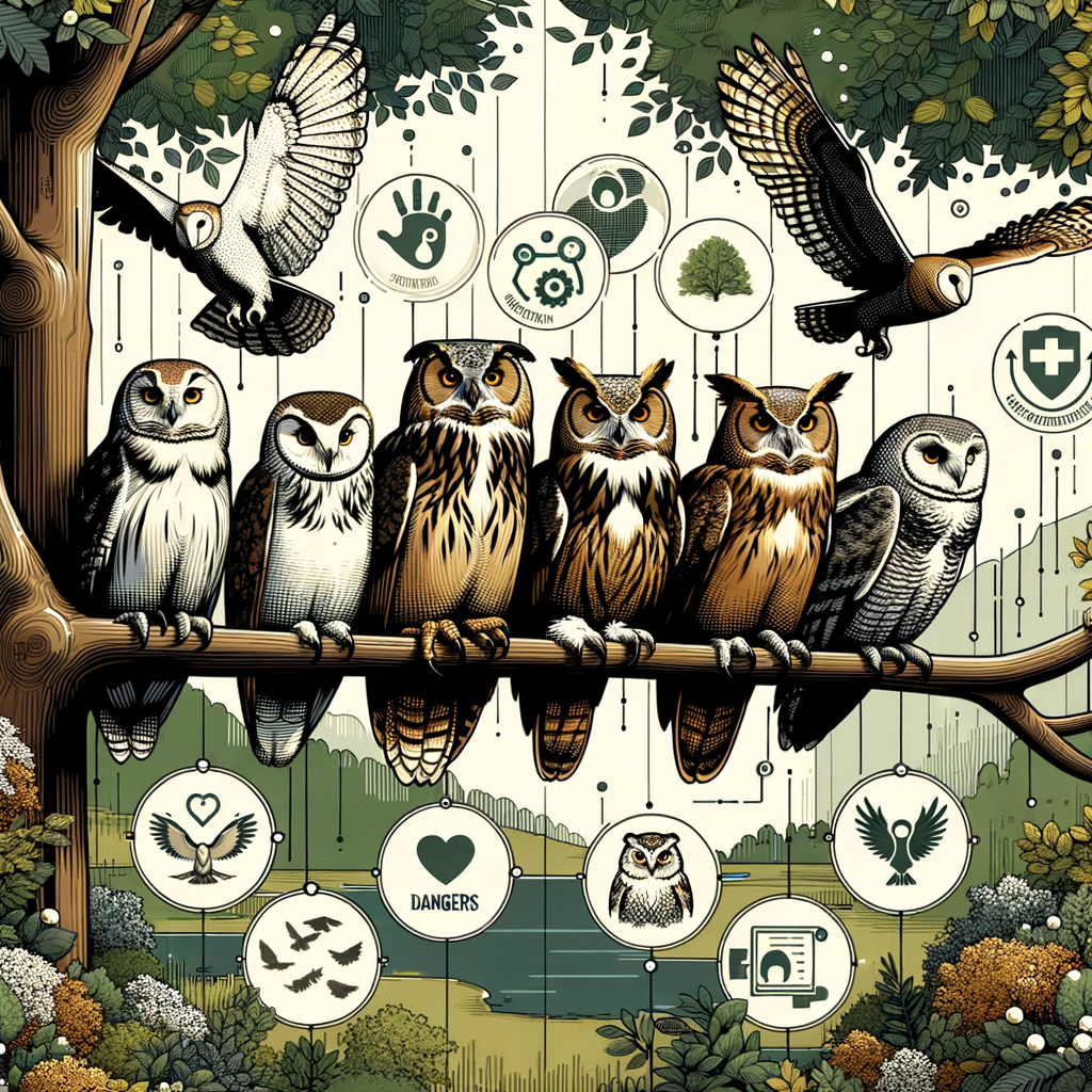 Diverse owl species perched on a tree branch, symbolizing threats to owl population and strategies for owl preservation, highlighting the challenges and solutions in owl conservation for habitat preservation and population recovery.