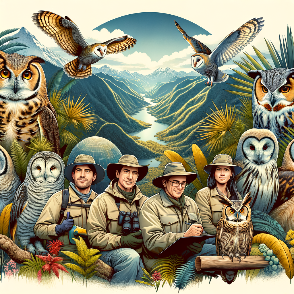 Endangered South American owl species in their natural habitats with conservationists working on owl protection, highlighting the importance of wildlife conservation, habitat preservation, and owl rescue programs in South America.