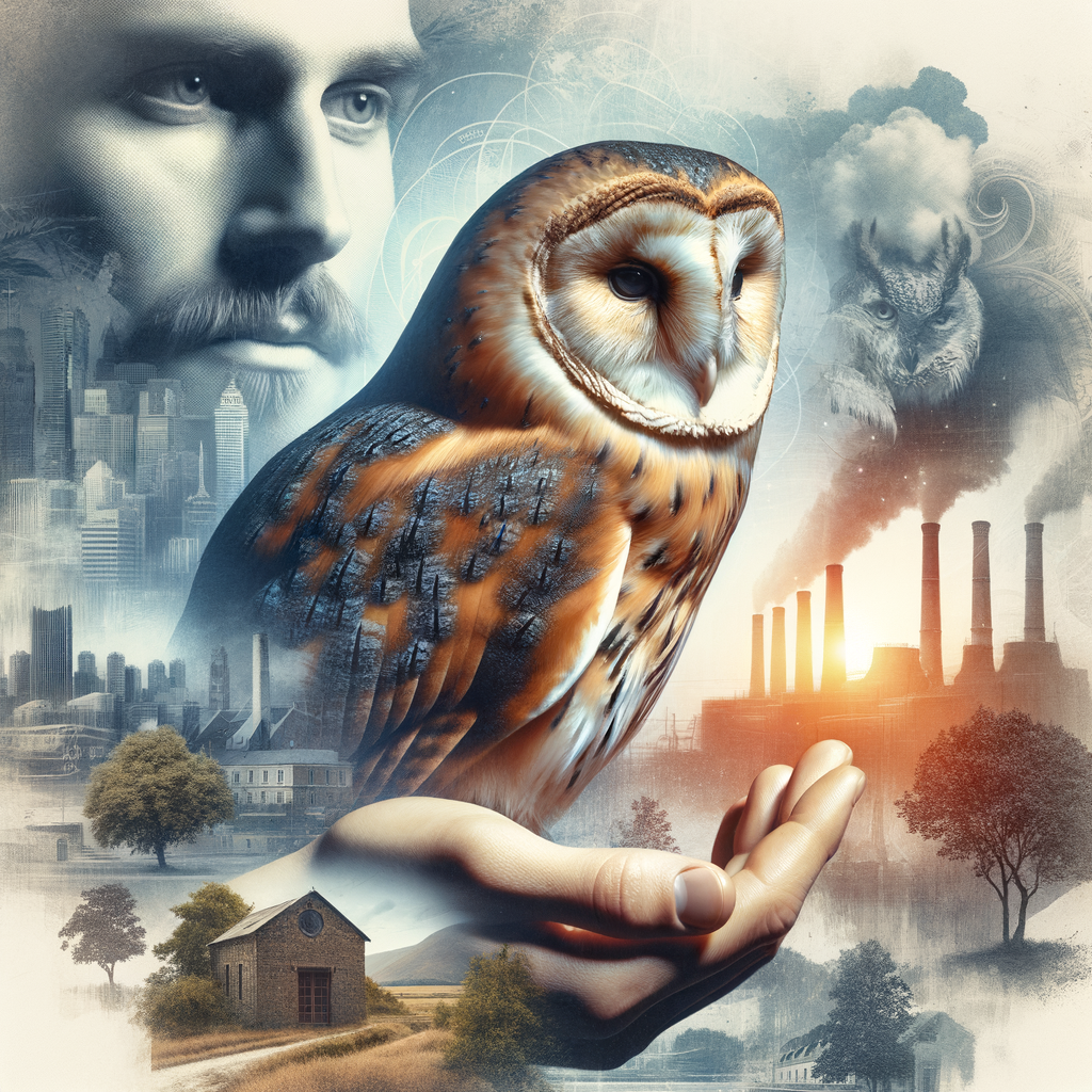 Human hand gently holding an owl, symbolizing ethical conservation and the balance of human and wildlife needs for owl protection amidst urban and natural landscapes.