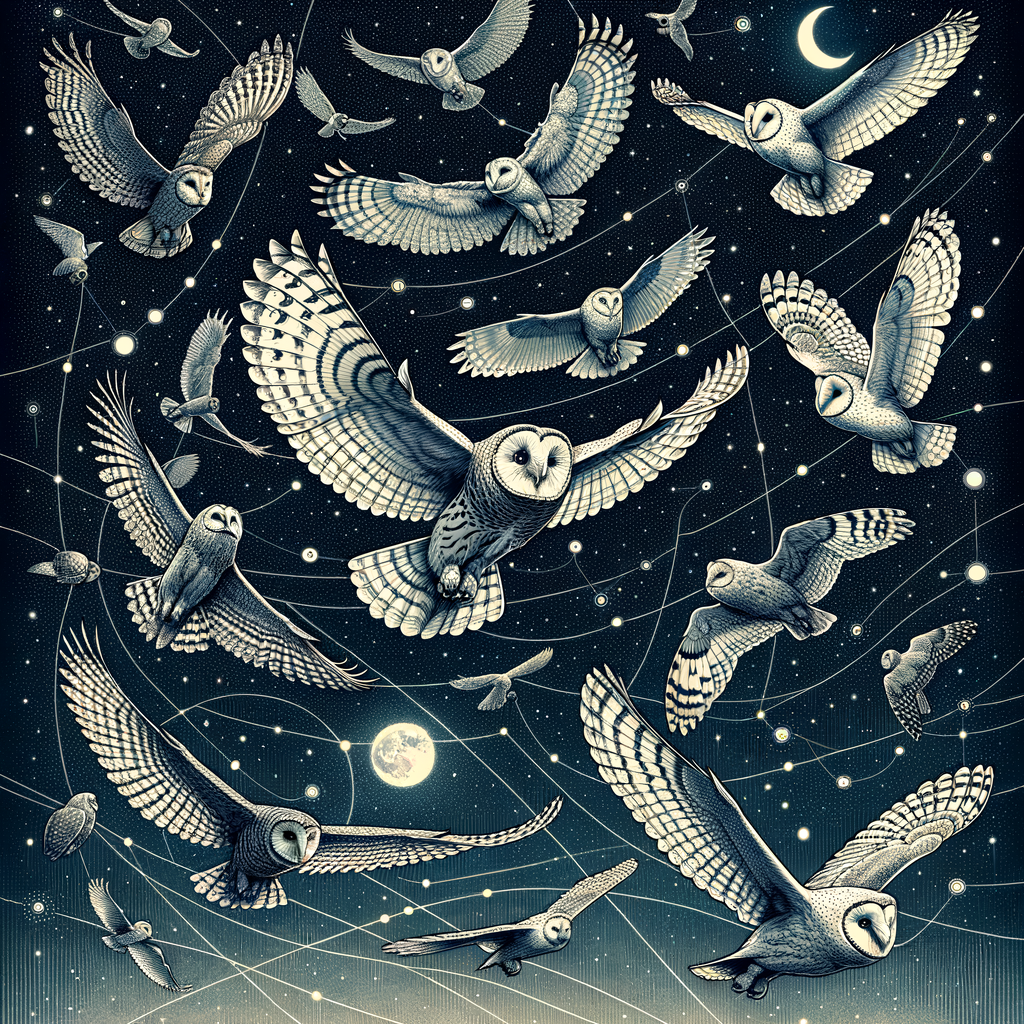 Nighttime Navigators: Illustration of various owl species during their migration season, showcasing nocturnal bird behavior and tracking owl migration routes in the night sky.