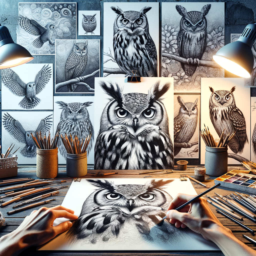 Artist's desk showcasing owl artistry and drawing techniques inspired by nature's creations, featuring a detailed, nature-inspired owl sketch reflecting the artistic interpretation of owls in wildlife artistry.