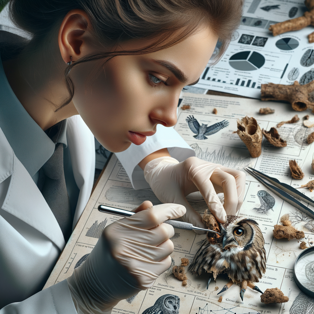 Scientist in lab coat performing meticulous owl pellet dissection using precise tools, with notes and diagrams on owl pellet analysis and dissection methodology in the background.