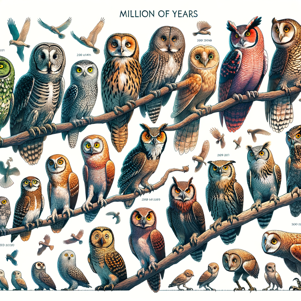 Infographic illustrating the history of owl evolution, tracing back millions of years, highlighting owl species evolution, owl ancestry, prehistoric owls, and owl fossil records.