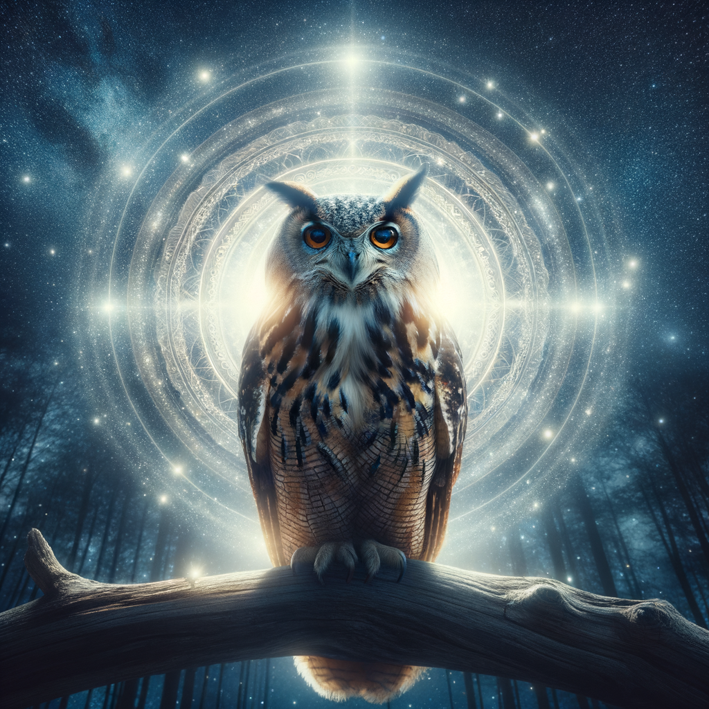 Majestic owl symbolizing spirituality perched on a branch under a starlit sky, embodying divine connections with animals and spiritual guidance, highlighting the spiritual significance of owls in religious beliefs.