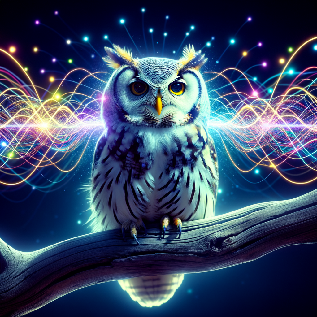 Owl perched on a tree branch under moonlight, hooting with colorful sound waves symbolizing the decoding and understanding of owl communication, secret language, and meaning of owl hoots.
