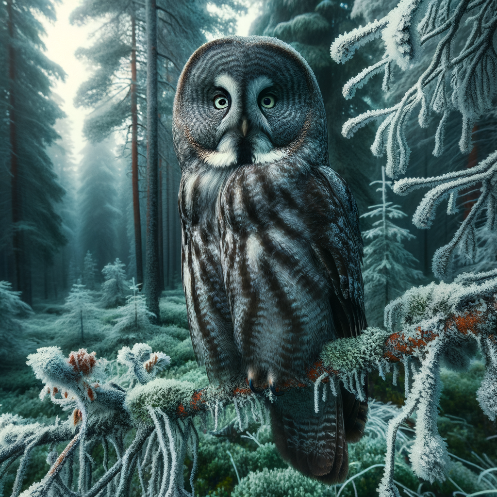Great Grey Owl, master of the Northern Forests, perched on a frosty branch showcasing its unique characteristics and behavior as part of forest wildlife in its natural habitat.
