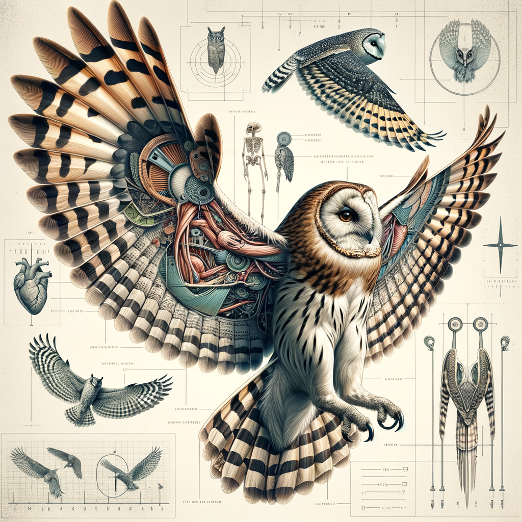 Scientific illustration of various owl species in mid-flight, showcasing owl wing structure, flight patterns, and unique aerodynamic adaptations, with a background hinting at ornithology research and bird morphology studies.