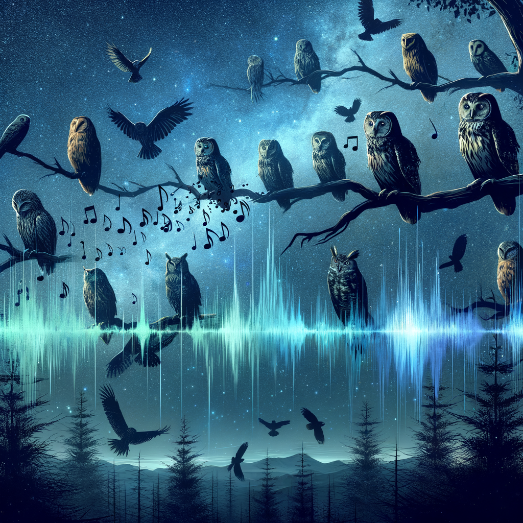 Owls perched on tree branches in a nocturnal landscape, making diverse owl calls, illustrating the eerie beauty and audio exploration of owl sounds, with visual sound waves representing various owl call recordings in the night sky.