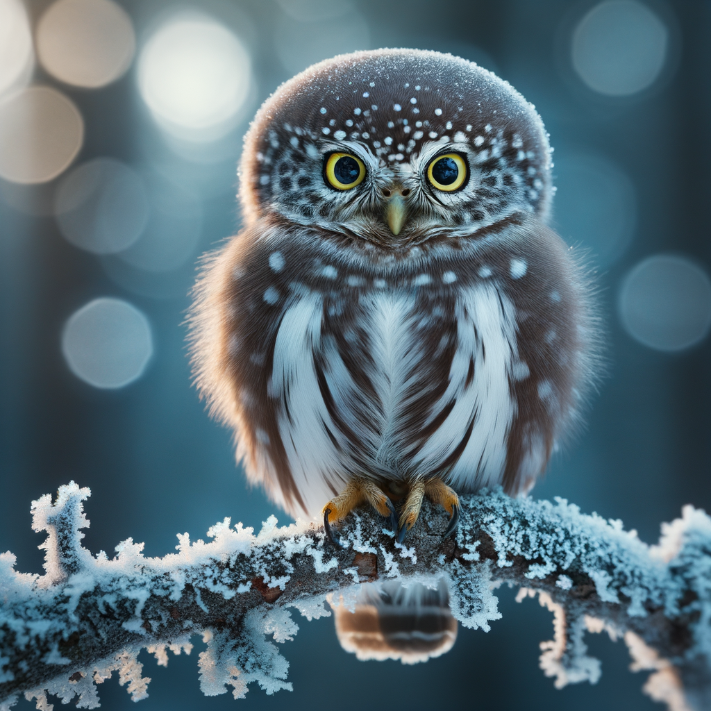 Northern Pygmy Owl, the tiny hunter of the North, intensely focused on prey from its frosty perch, showcasing its mysterious hunting behavior and diet in its North American habitat.