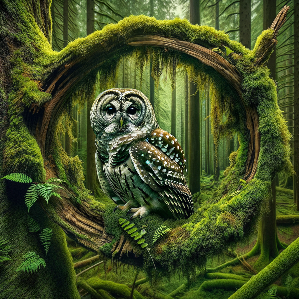 Majestic Spotted Owl, guardian of old growth forests, perched in its natural habitat highlighting the importance of forest protection for Spotted Owl conservation and the declining Spotted Owl population due to threats in the forest wildlife ecosystem.