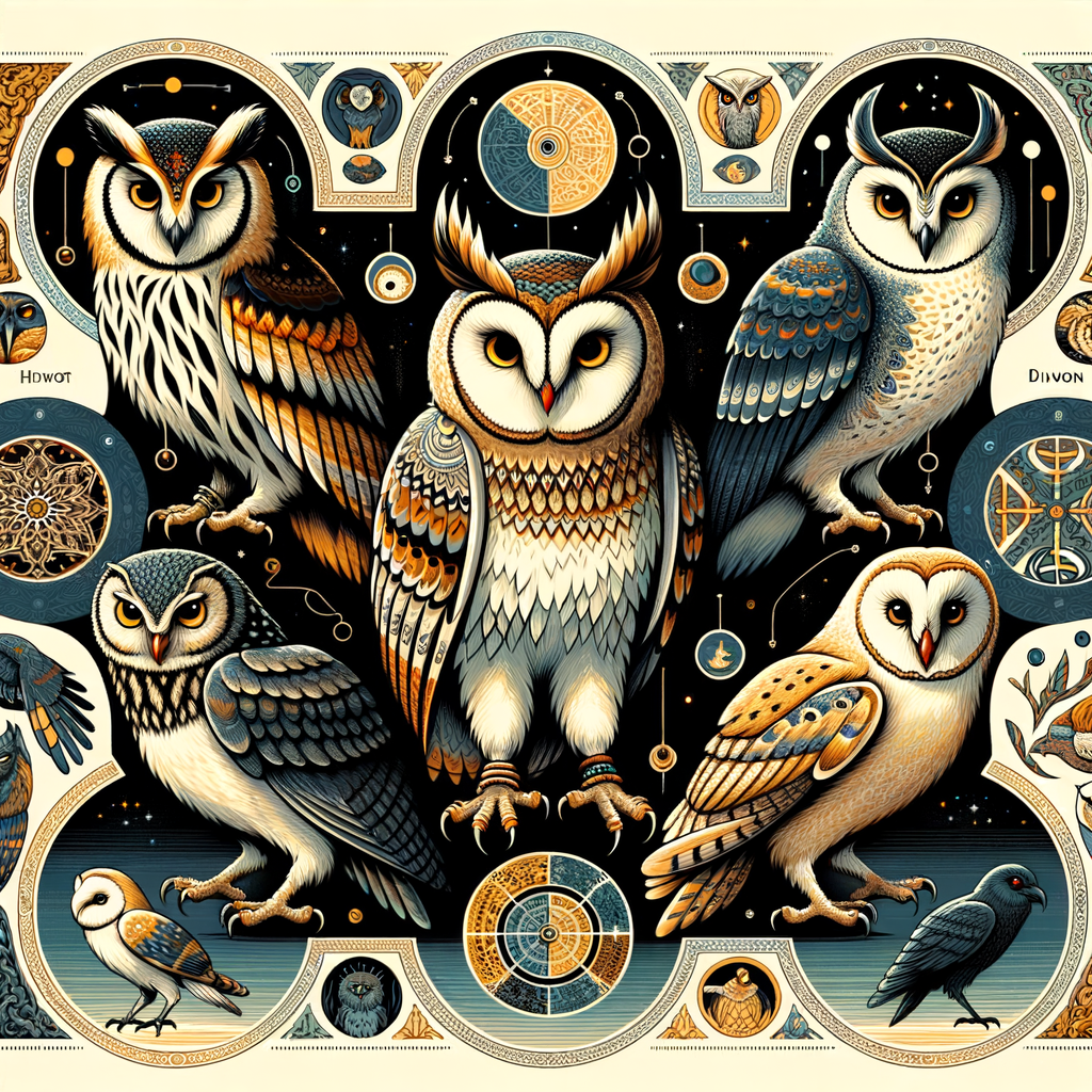 Vibrant illustration of diverse owl species representing global folklore and mythology, showcasing the cultural significance and symbolism of owls in traditional stories worldwide.