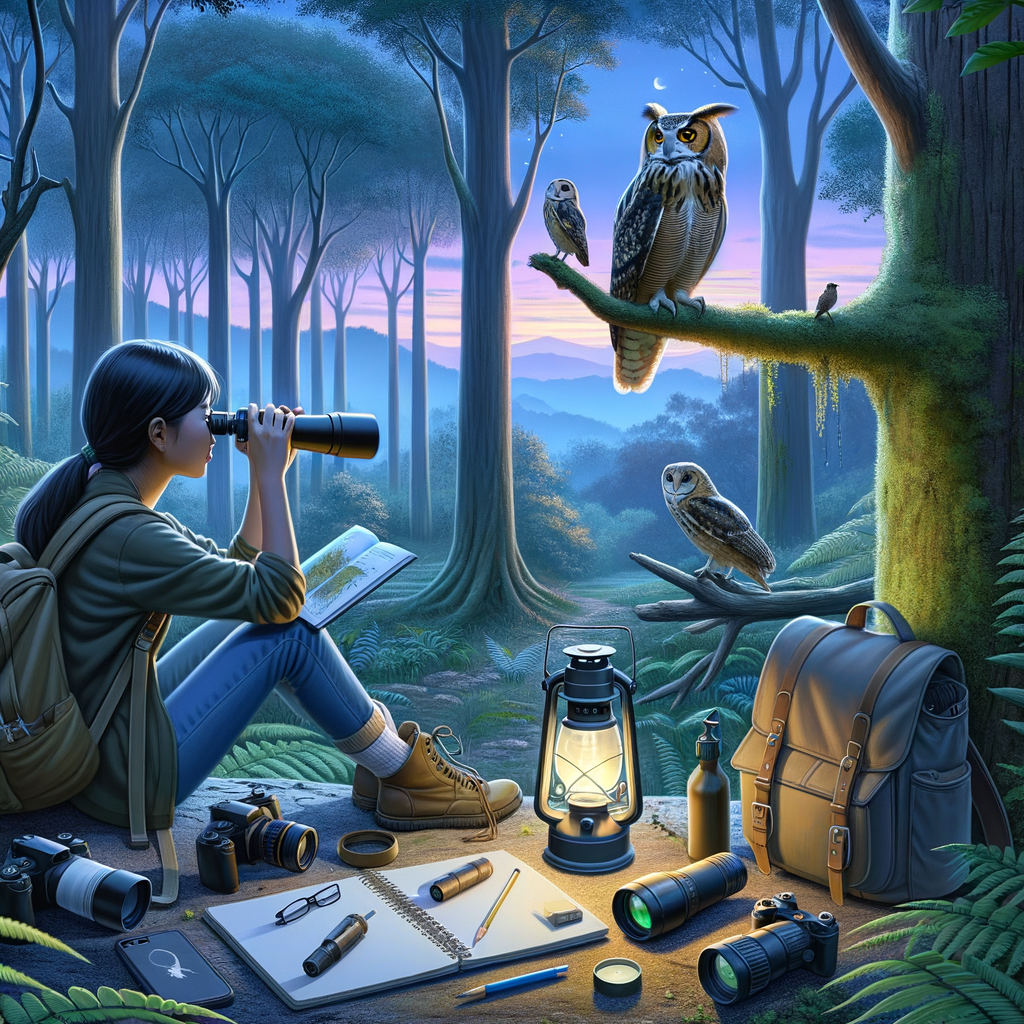 Beginner owl watcher using binoculars in a twilight forest, surrounded by essential owl watching equipment, highlighting diverse owl habitats and the best time for owl spotting.