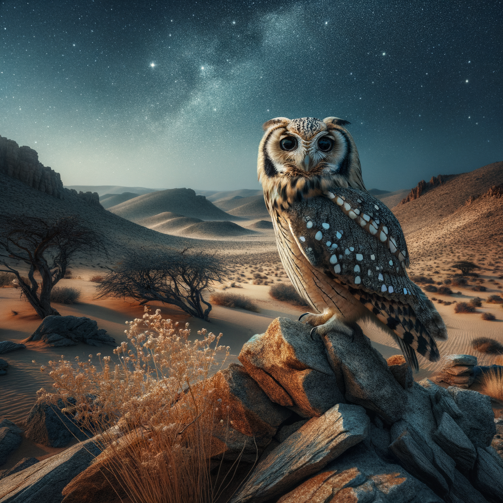 Nocturnal desert owl perched on rocky outcrop, showcasing camouflage and survival adaptations against arid landscape under starry night sky.