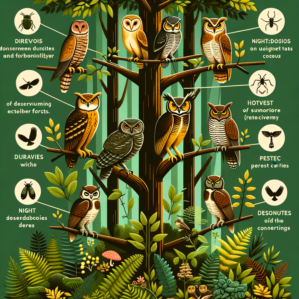 Owls in forest ecosystems: Various owl species perched on branches, illustrating their role in forest health through predation, pest control, and biodiversity.