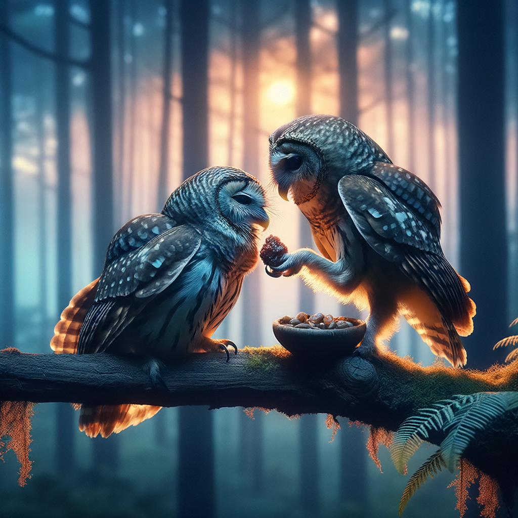 Owls mating behavior: A pair of owls on a tree branch during twilight, engaging in courtship rituals with food exchange, illustrating owl mate selection and breeding habits.