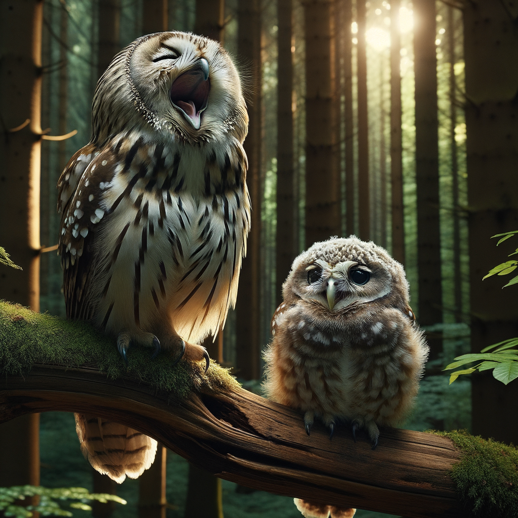 Owls communication methods: A pair of owls on a tree branch in a dense forest, one hooting and the other displaying signaling behaviors.